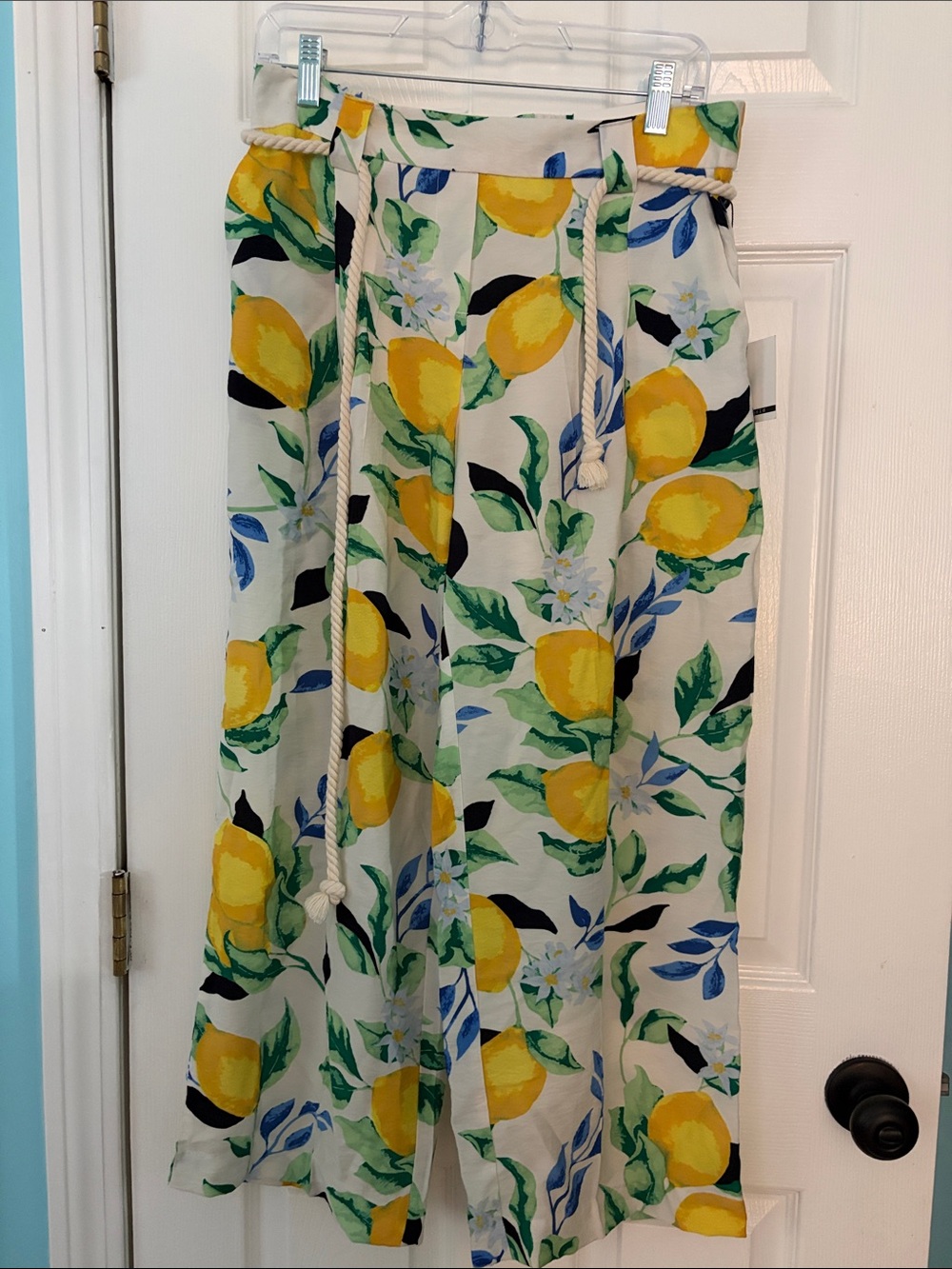 Jules & Leopold White Wide-Leg Pants with Yellow Lemon Print